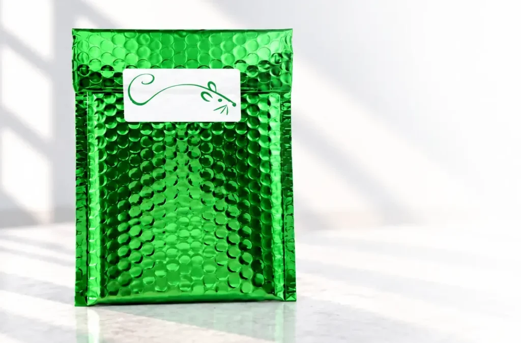 Signature green shipping mailer used by our Pure Peptide Labs fulfillment team
